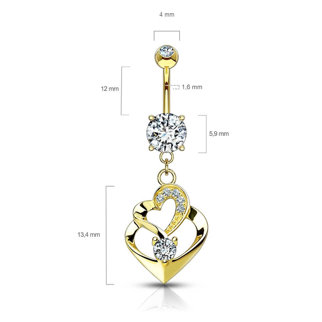 Or 14kt Piercing Nombril Pendentif Double Cœur Zircone