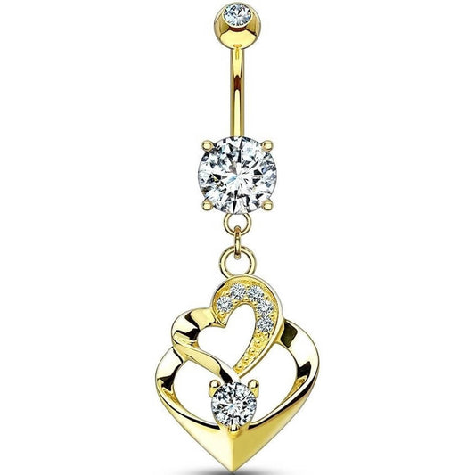 Solid Gold 14 Carat Belly Button Piercing Double Heart dangle Zirconia