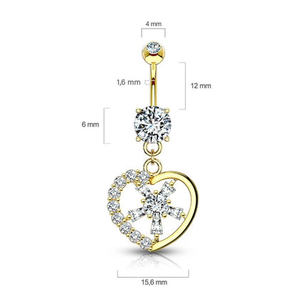 Oro 14kt Piercing ombligo Corazón colgante Circonita