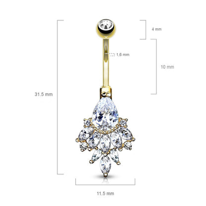 Solid Gold 14 Carat Belly Button Piercing Pear Zirconia