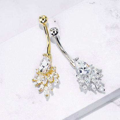 Solid Gold 14 Carat Belly Button Piercing Pear Zirconia