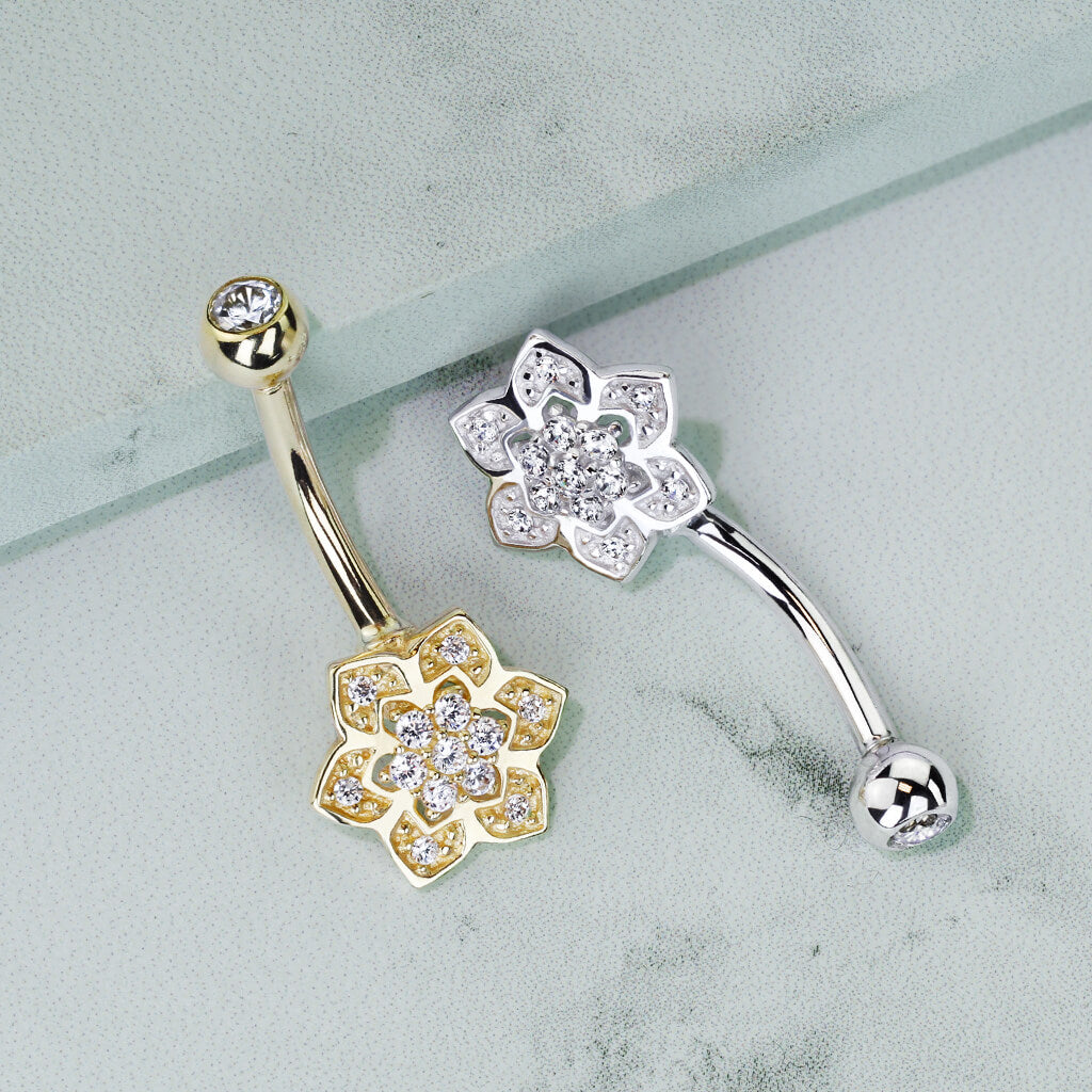 Solid Gold 14 Carat Belly Button Piercing Flower Zirconia