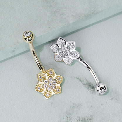 Solid Gold 14 Carat Belly Button Piercing Flower Zirconia