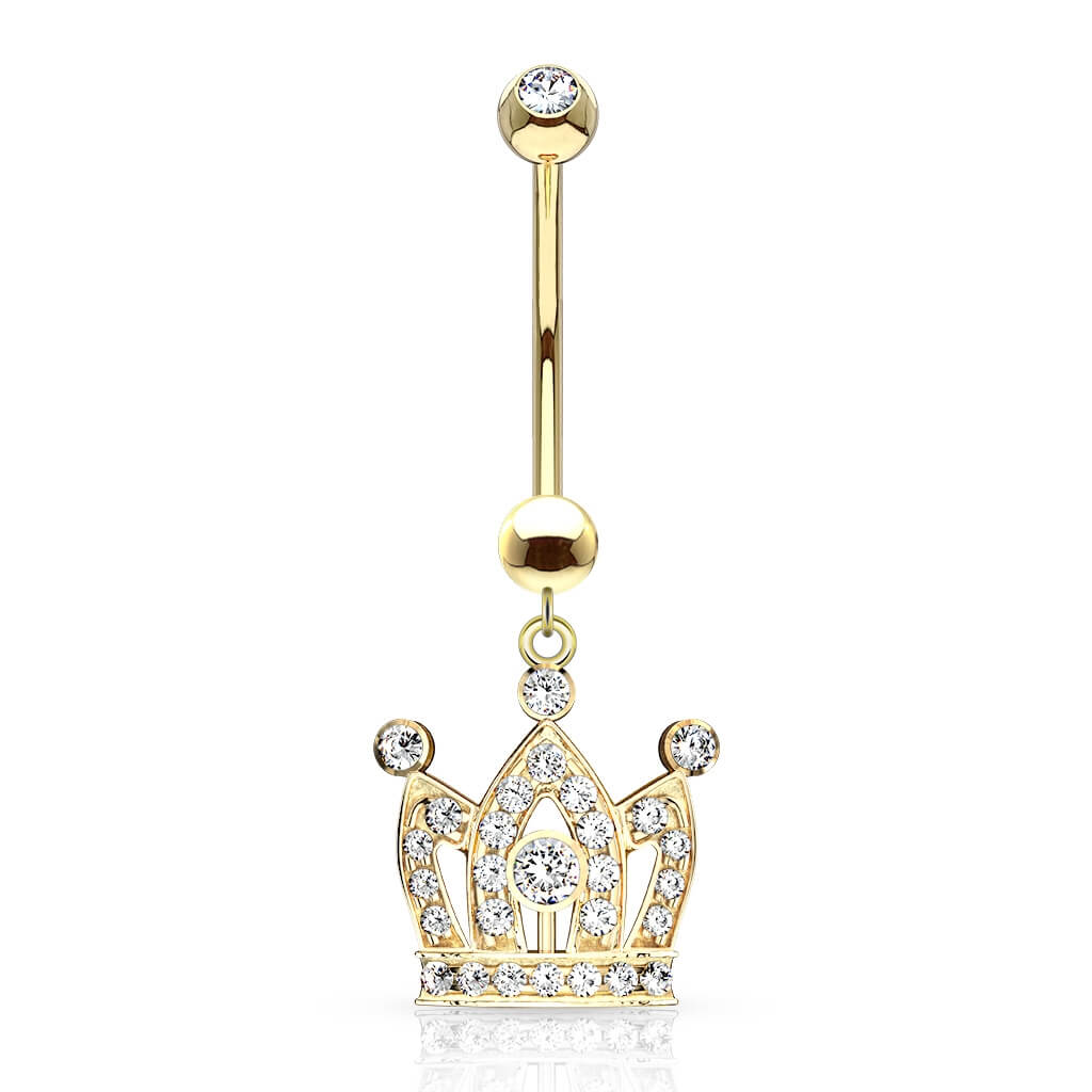 Solid Gold 14 Carat Belly Button Piercing Crown dangle cubic Zirconia