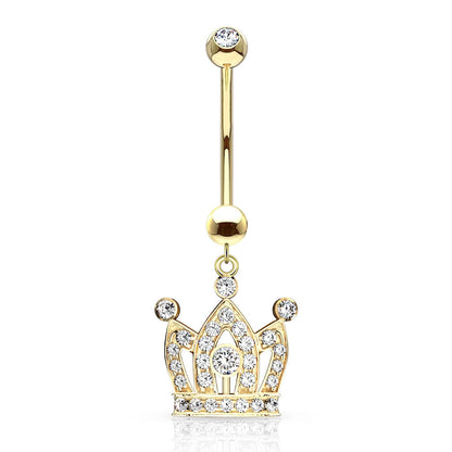 Solid Gold 14 Carat Belly Button Piercing Crown dangle cubic Zirconia