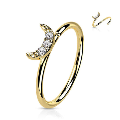 Oro 14 kt Anello Piercing Luna di zirconi Pieghevole