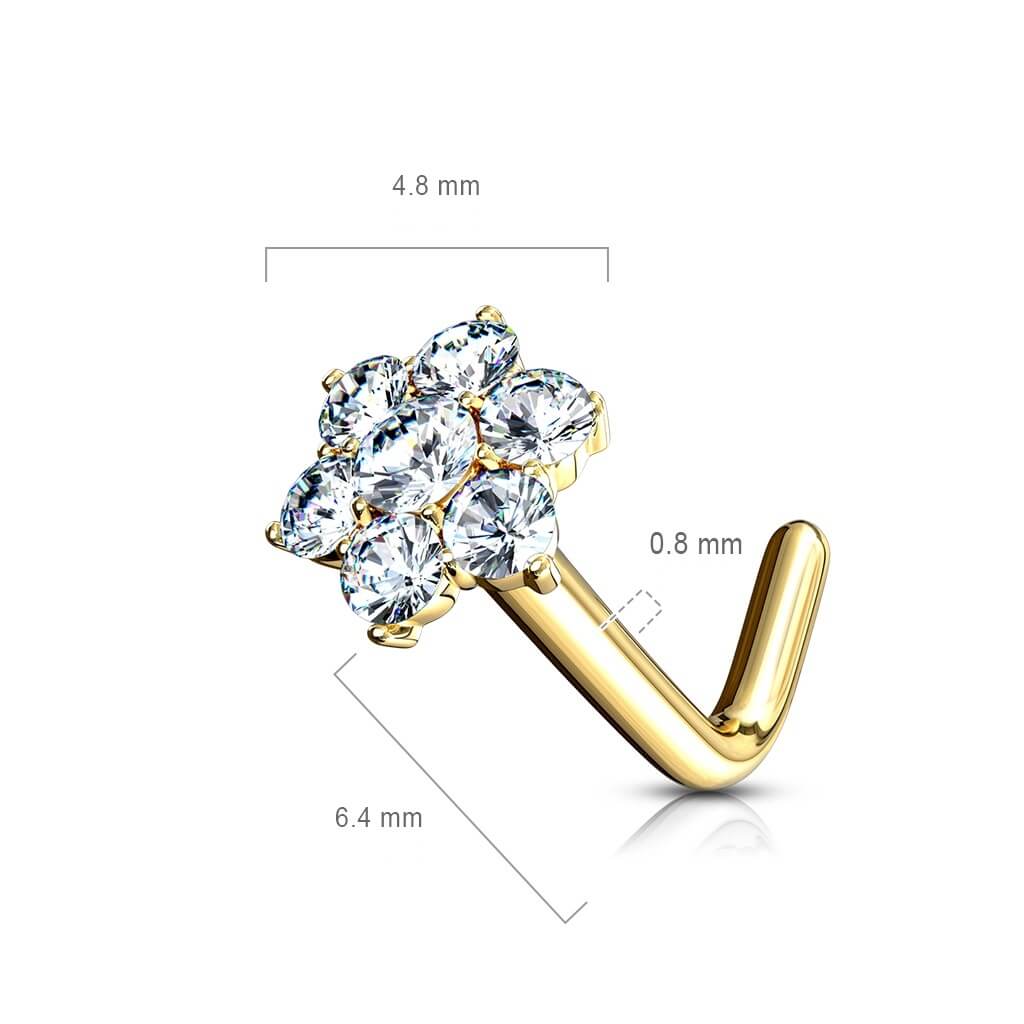 Solid Gold 14 Carat Nose L-Shape Flower Zirconia