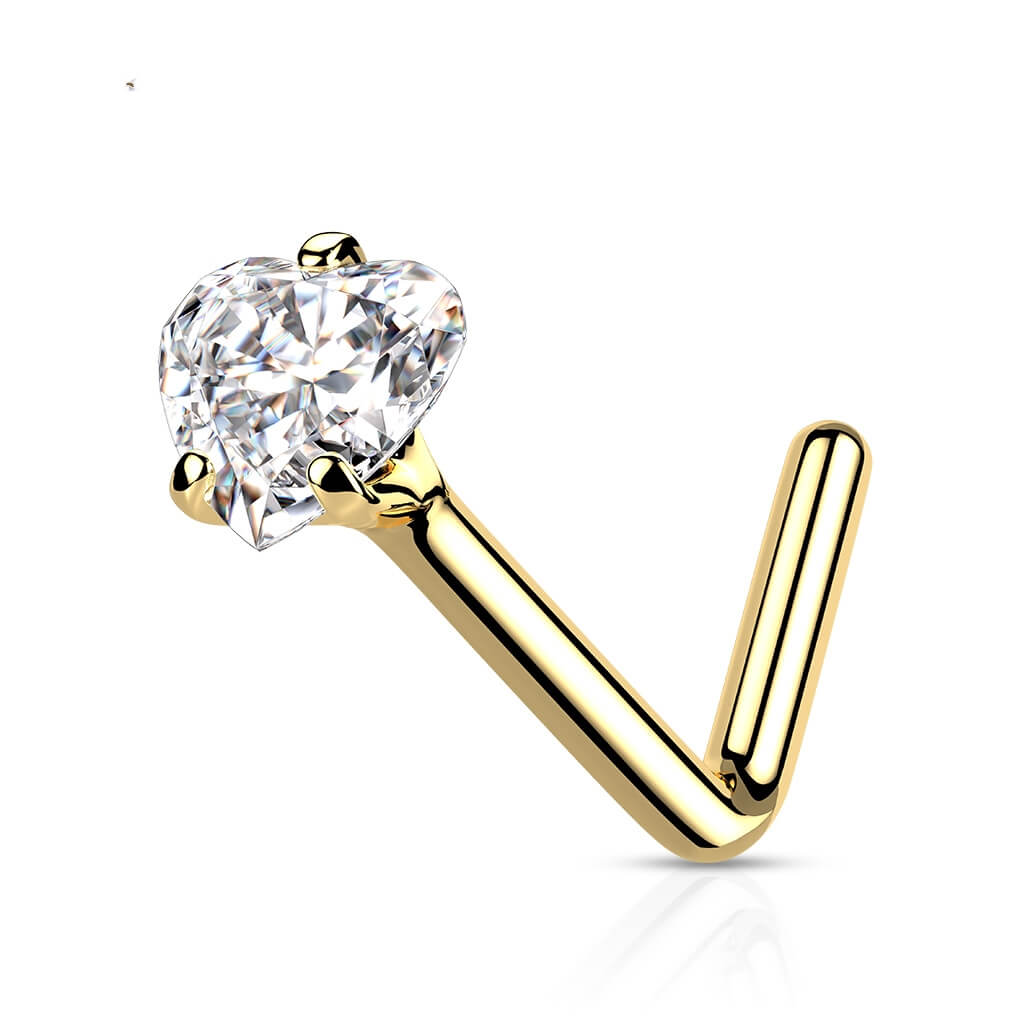 Solid Gold 14 Carat Nose L-Shape Zirconia Round