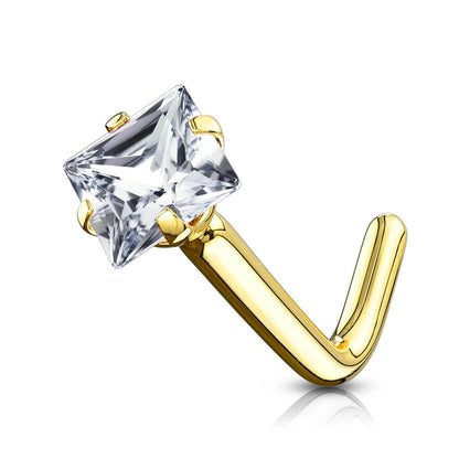 Solid Gold 14 Carat Nose L-Shape Zirconia Square