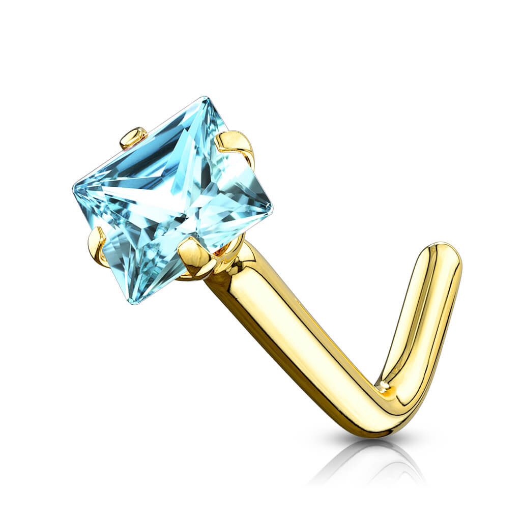 Solid Gold 14 Carat Nose L-Shape Zirconia Square