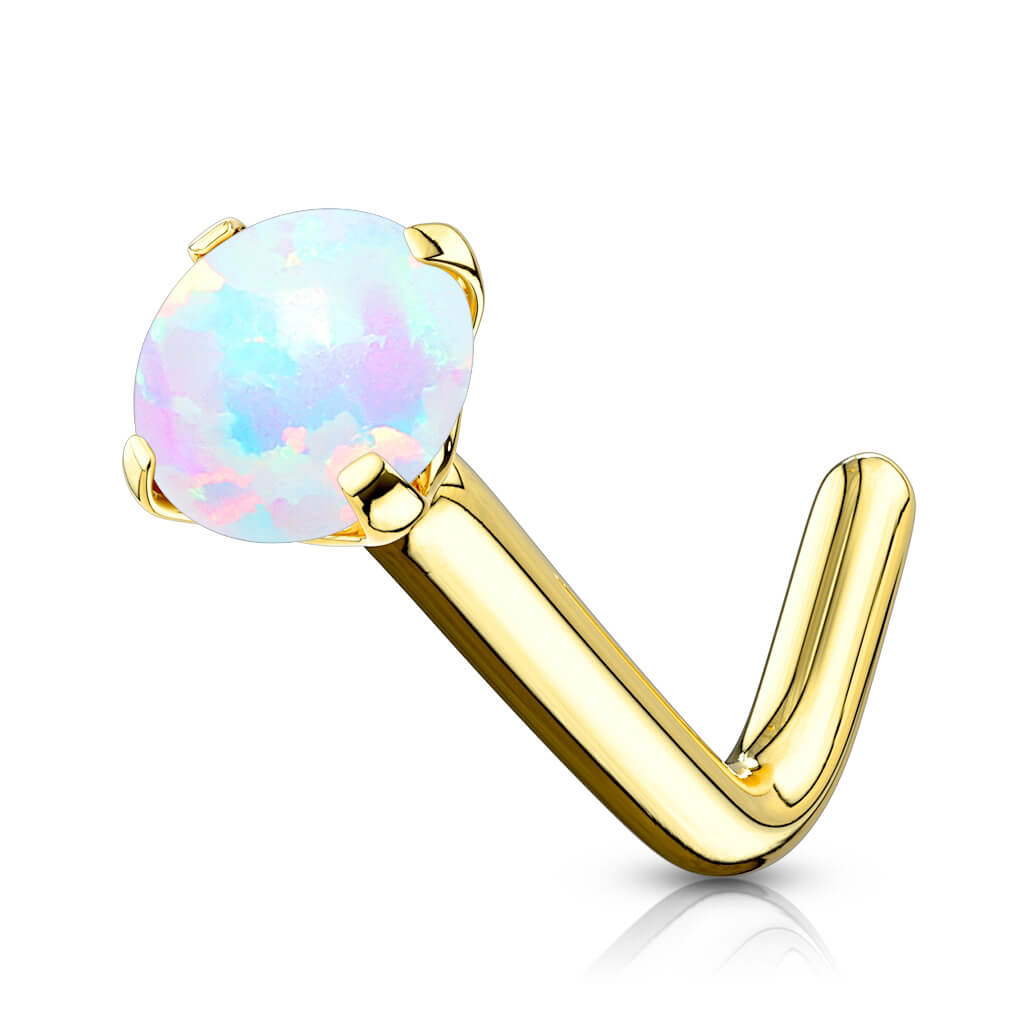 Solid Gold 14 Carat Nose L-Shape Opal