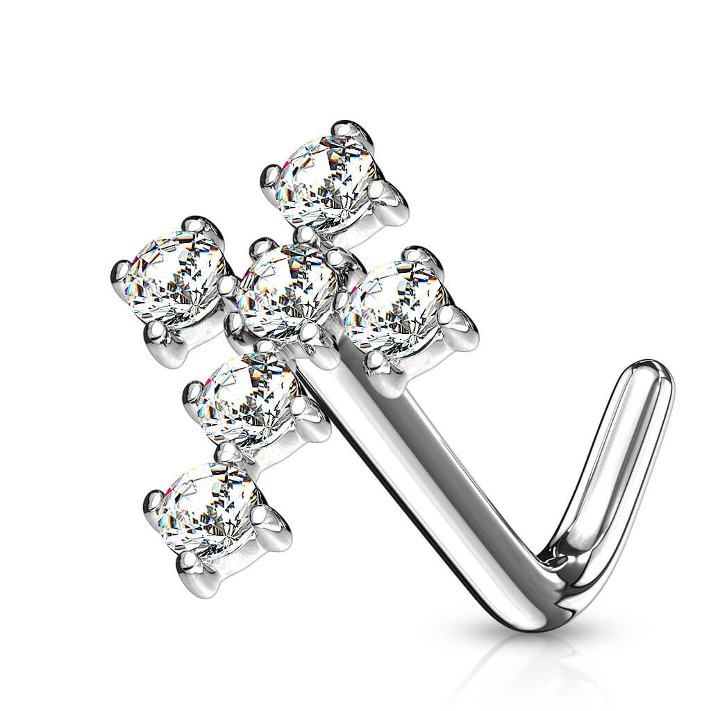 Solid Gold 14 Carat Nose L-Shape Cross Zirconia