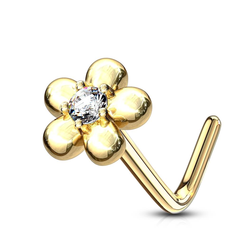 Solid Gold 14 Carat Nose L-Shape Flower Zirconia