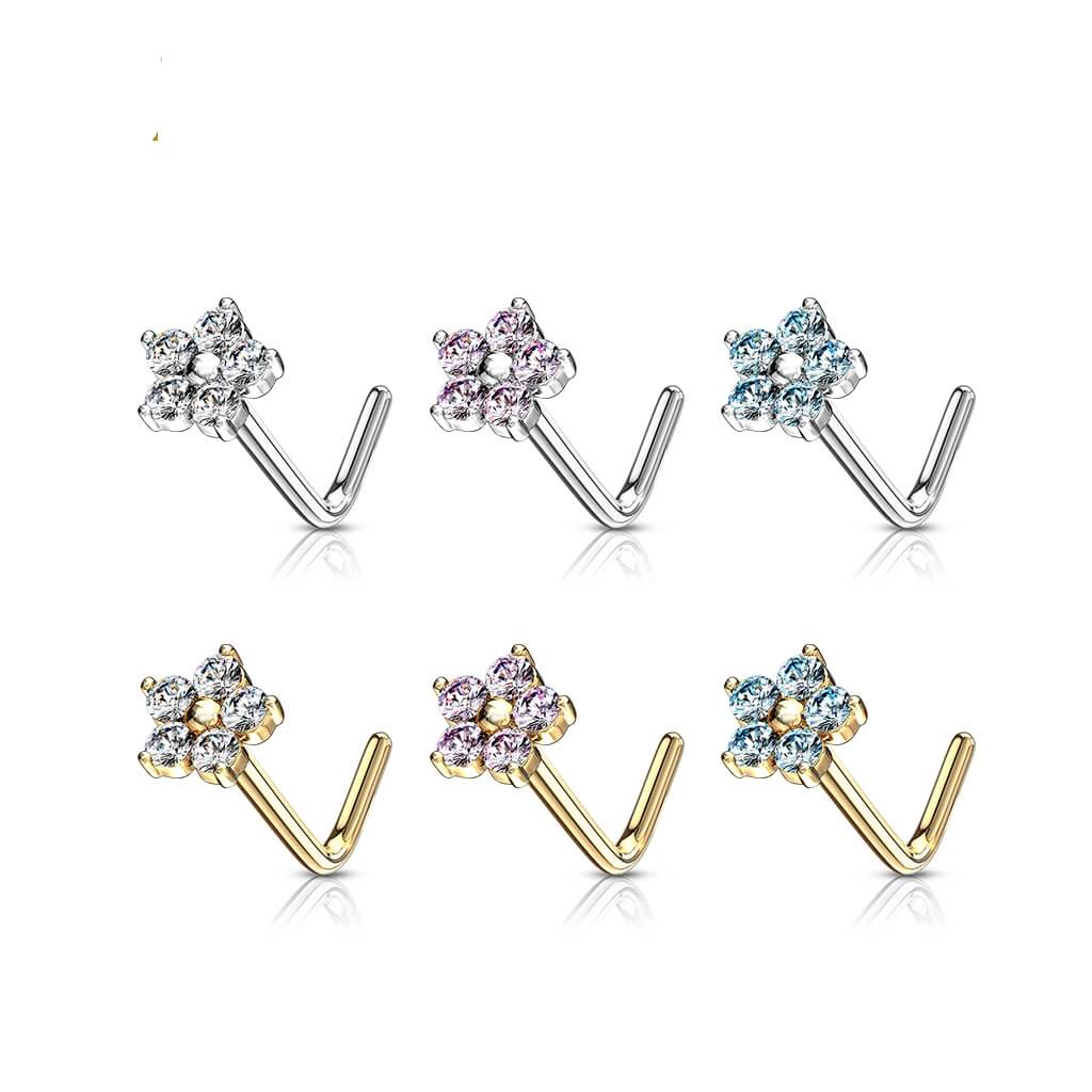 Or 14kt Nez En Forme de L Fleur Zircone