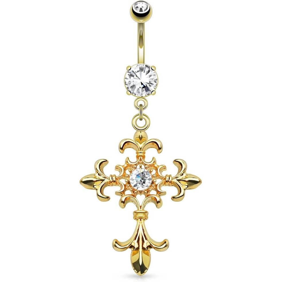 Piercing Nombril Pendentif Croix De Lys Zircone Or