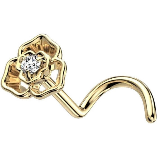 Solid Gold 14 Carat Nose Screw Flower Zirconia