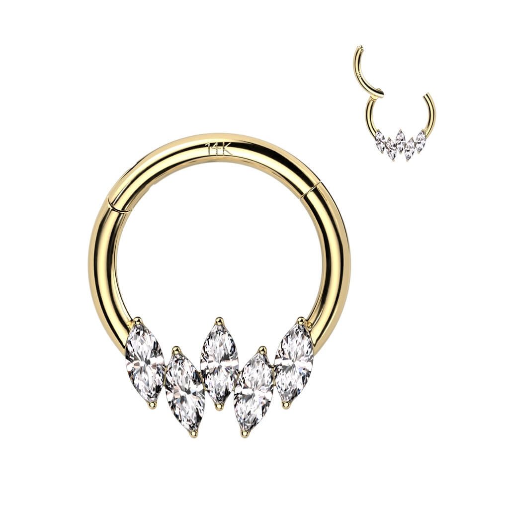 Oro 14 kt Anello Piercing Zircone taglio marquise e Oro giallo / Oro bianco Clicker