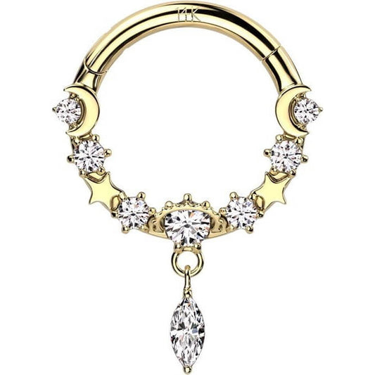 Oro 14 kt Anello Piercing Pendente zircone a goccia Clicker