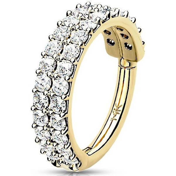 Solid Gold 14 Carat Ring 2 rows Zirconia Clicker