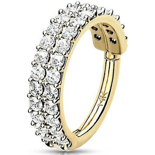 Oro 14 kt Anello Piercing Zirconi in 2 file Clicker