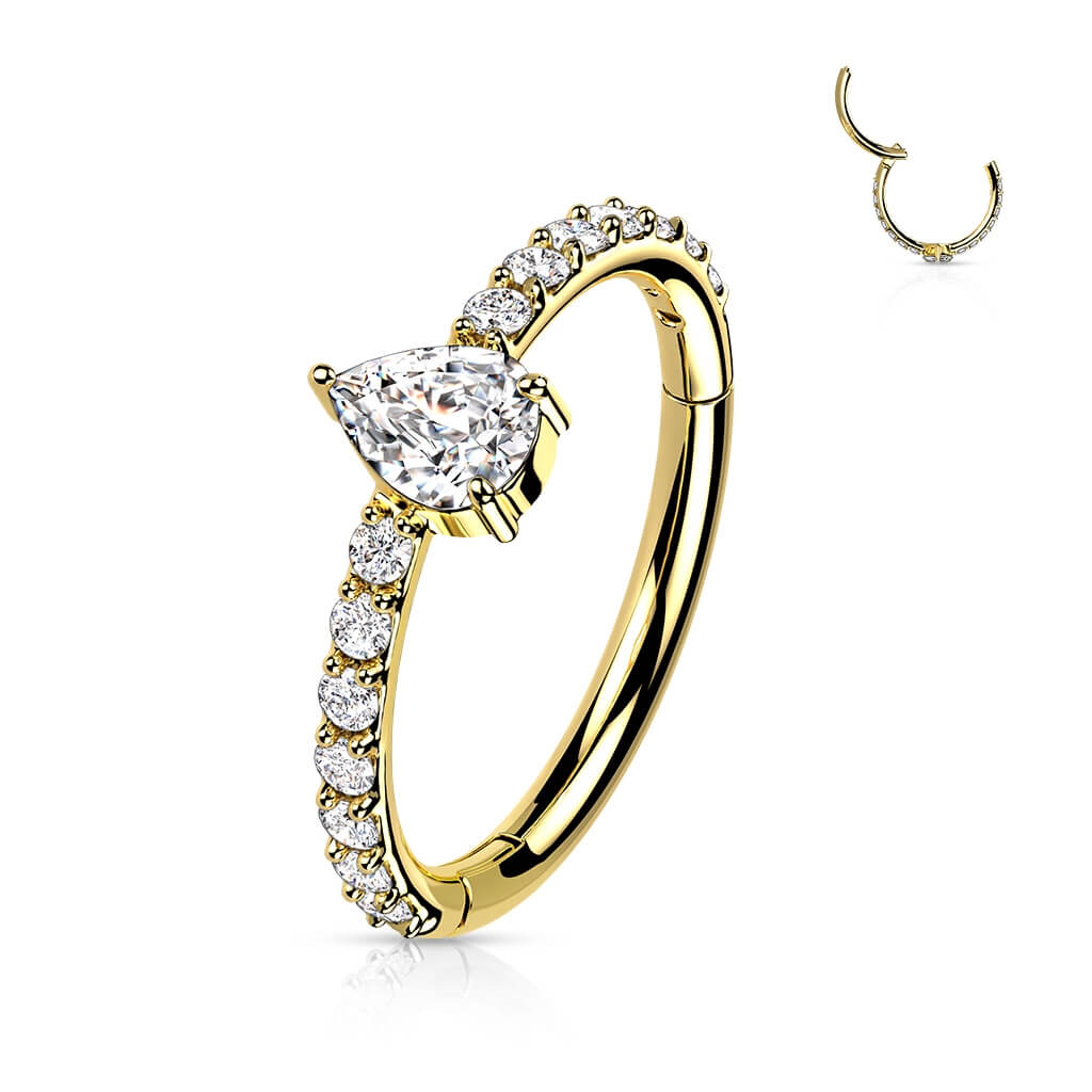 Oro 14 kt Anello Piercing Zircone a goccia Clicker