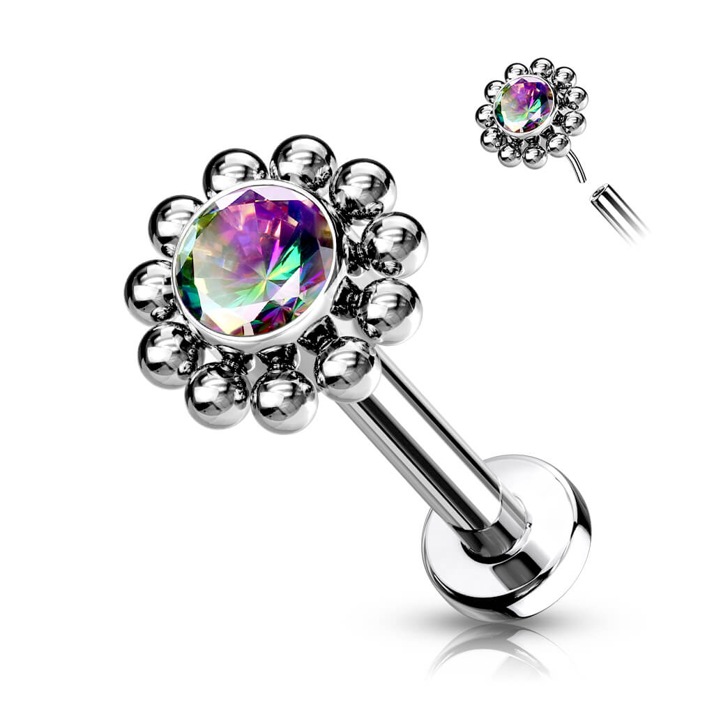 Titanium Labret Flower Zirconia Silver Push-In