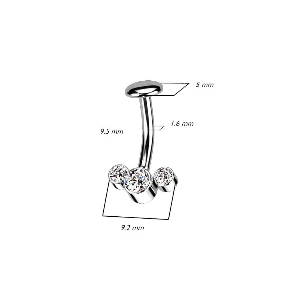 Titanio Piercing Ombelico 3 Zirconi e Argento Push-In