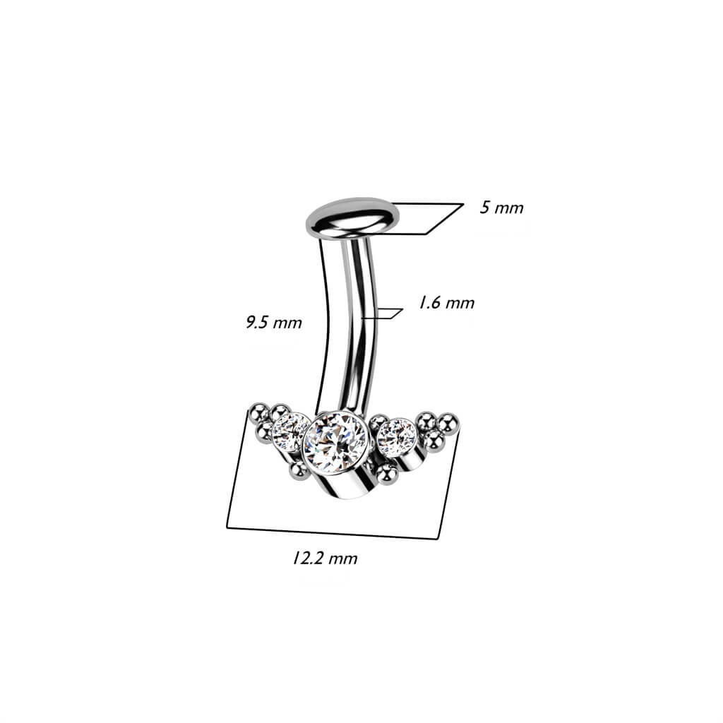 Titanio Piercing Ombelico 3 Zirconi e Argento Push-In