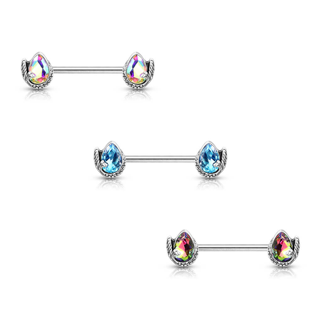 Piercing Capezzolo Coda di sirena d´argento con zirconi a goccia