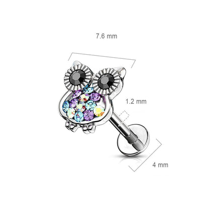 Labret Owl Zirconia Silver Internally Threaded