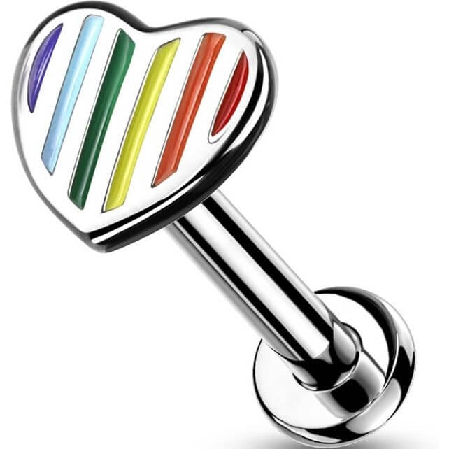 Labret Cuore piatto d´argento a strisce arcobaleno Filettatura Interna