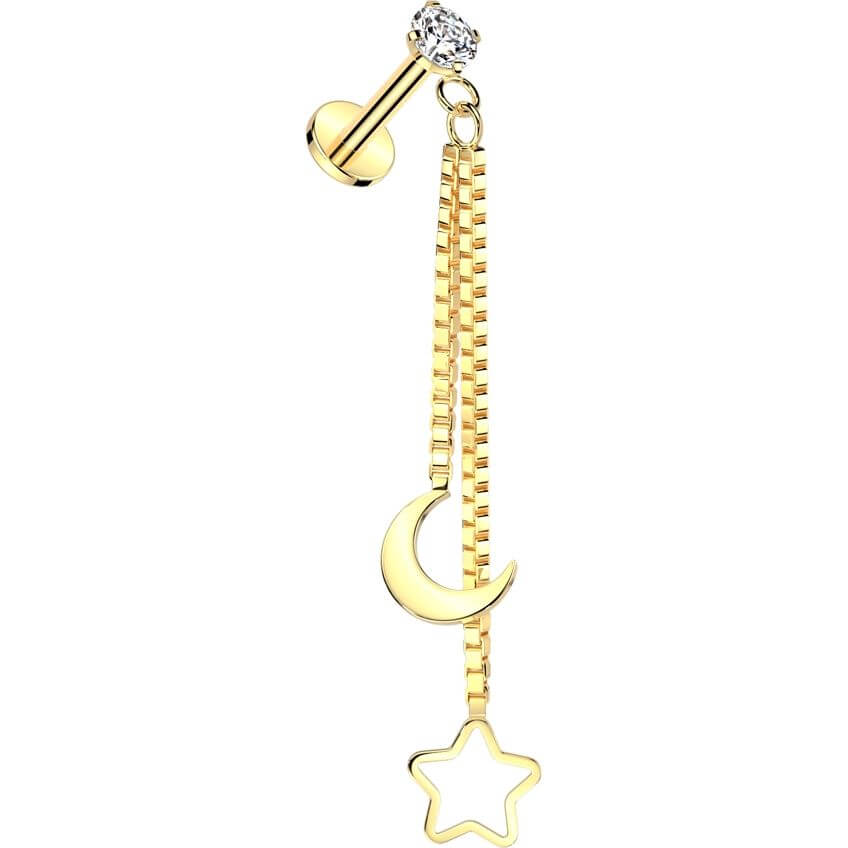 Labret crescent moon hollow star chain dangle Internally Threaded