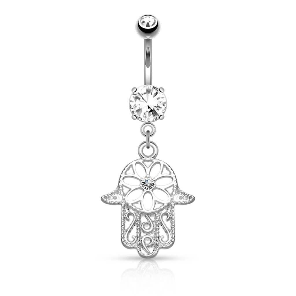 Piercing Ombelico Hamsa pendente di zirconi