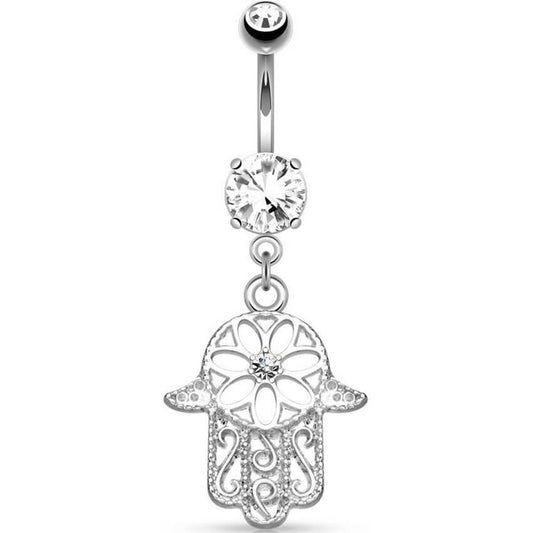 Piercing Ombelico Hamsa pendente di zirconi