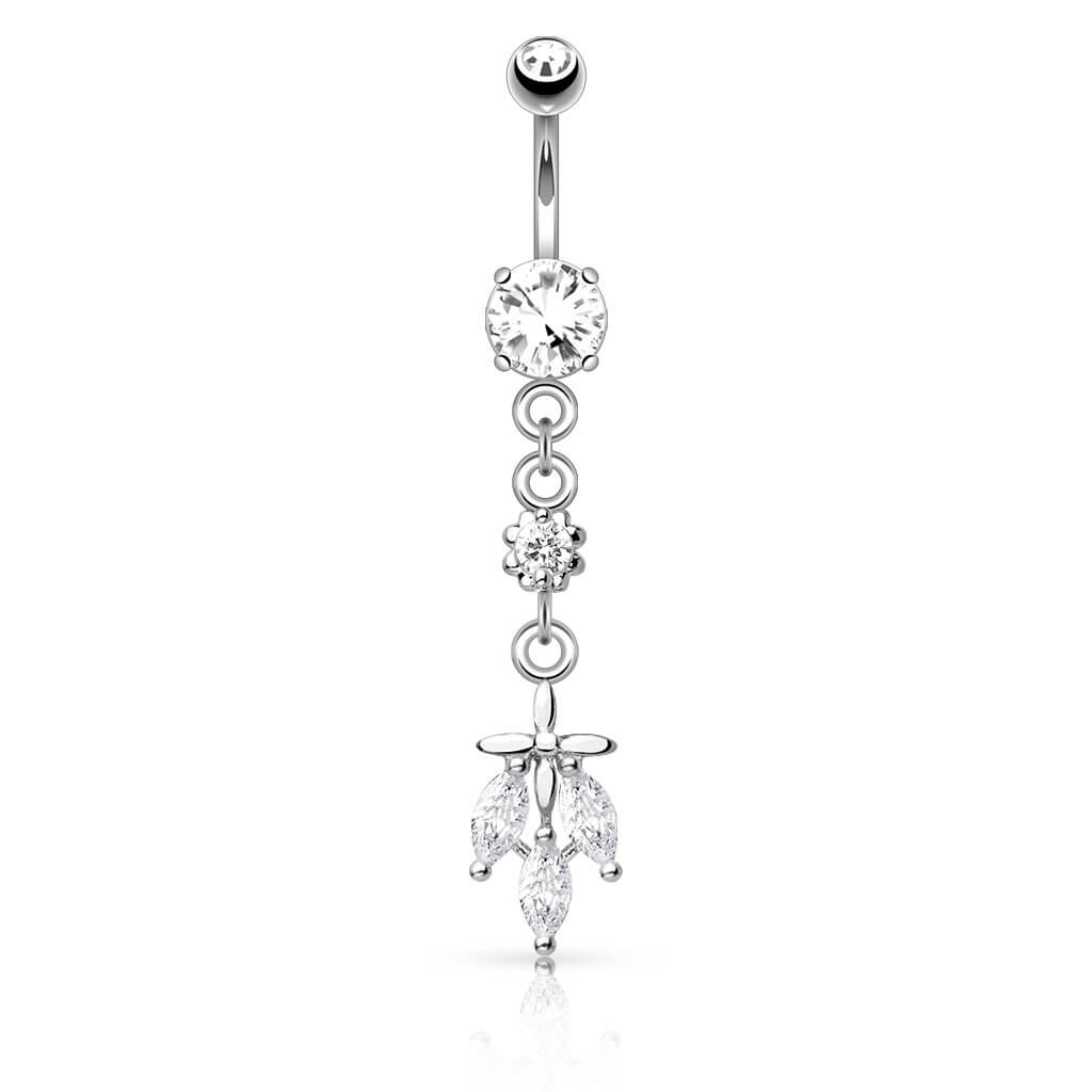 Piercing Ombelico Foglia pendente con 3 Zirconi