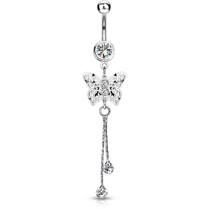 Piercing Nombril Pendentif Papillon Zircone Argent