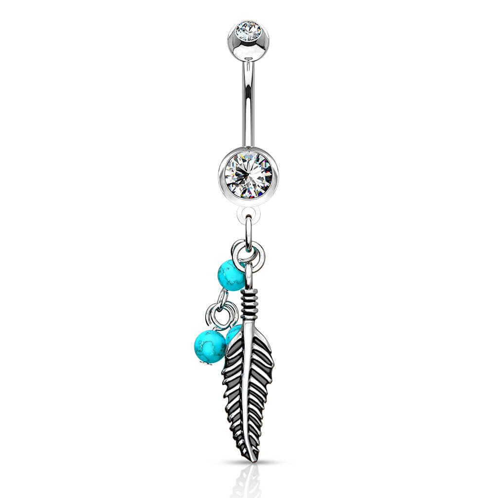 Belly Button Piercing Feather turquoise Semi-Precious Stone dangle Zirconia Silver