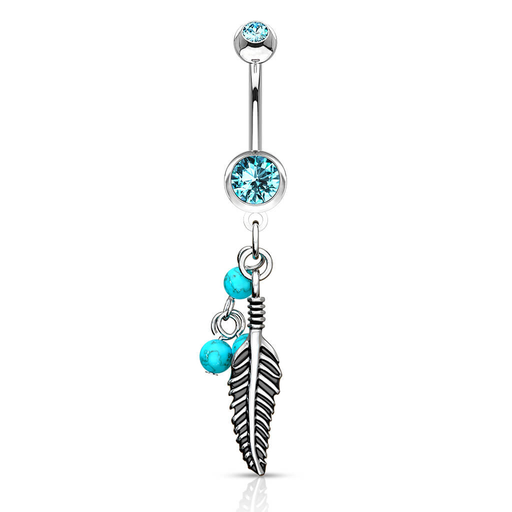 Piercing ombligo Pluma turquesa Piedra semipreciosa colgante Circonita Plata