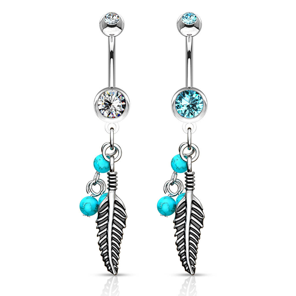 Piercing Nombril Pendentif Plume Turquoise Pierre Semi-Précieuse Zircone Argent