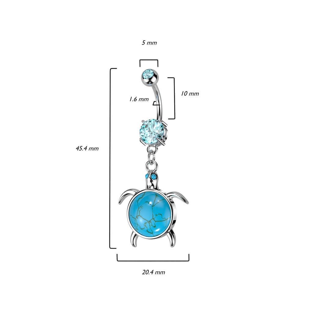 Piercing ombligo Tortuga Piedra semipreciosa turquesa colgante Circonita Plata