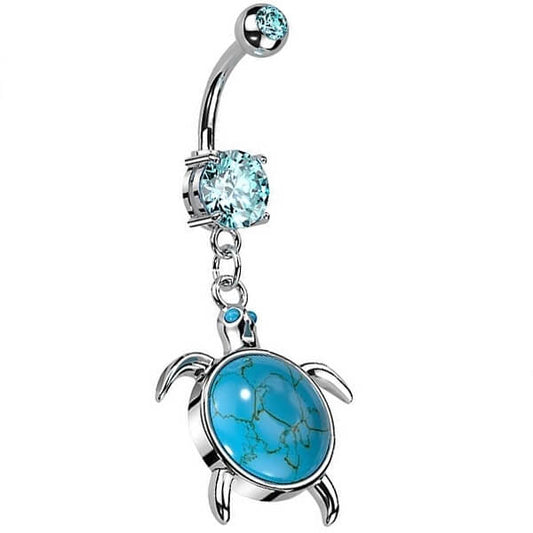 Piercing Nombril Pendentif Tortue Pierre Semi-Précieuse Turquoise Argent Zircone