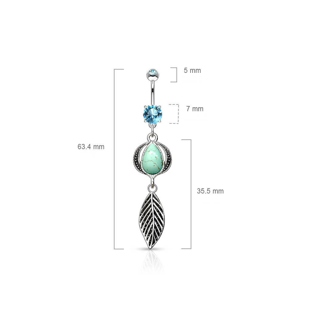 Belly Button Piercing Feather dangle Semi-Precious Stone turquoise Zirconia Silver