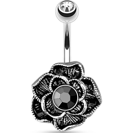 Piercing Nombril Fleur Noir Zircone