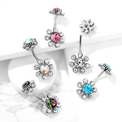 Belly Button Piercing Flower Zirconia Silver Internally Threaded