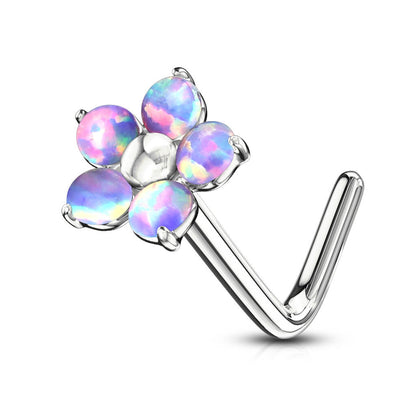 Nose L-Shape Flower Opal Silver