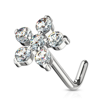 Nose L-Shape Flower Zirconia Silver