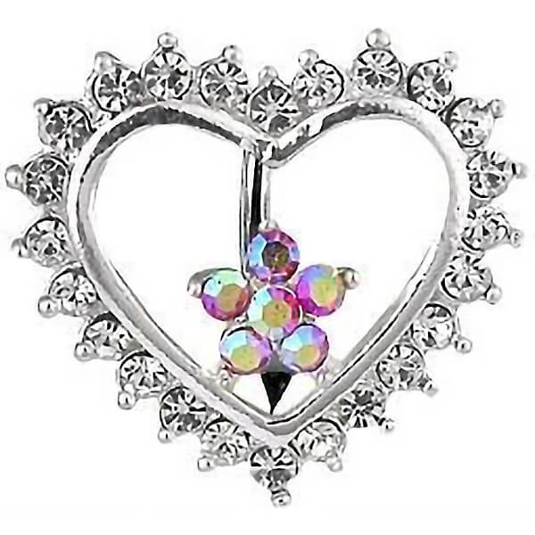 Piercing Ombelico Top Down a Cuore con Fiore in zircone e argento