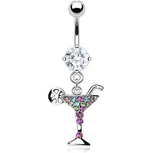 Piercing Nombril Pendentif Cocktail Martini Zircone Argent