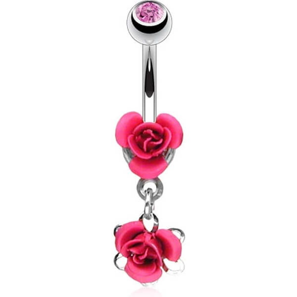 Piercing Nombril Pendentif Rose Zircone Argent