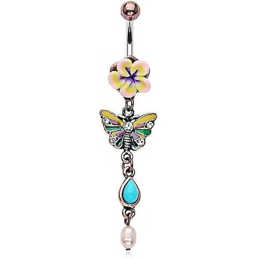 Belly Button Piercing Flower Butterfly dangle coloured